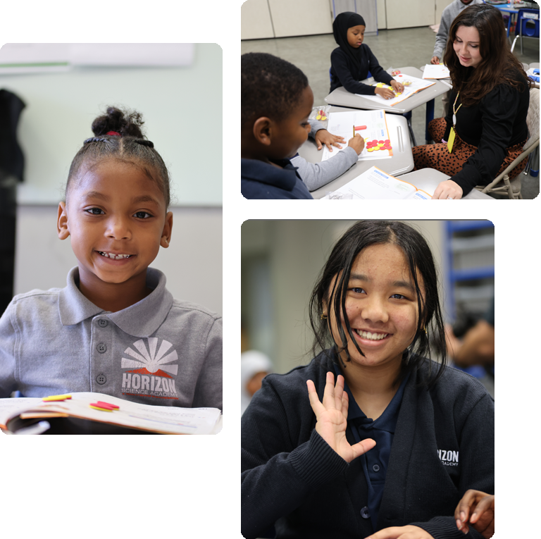 Students engaged in learning and interacting in a classroom collage
